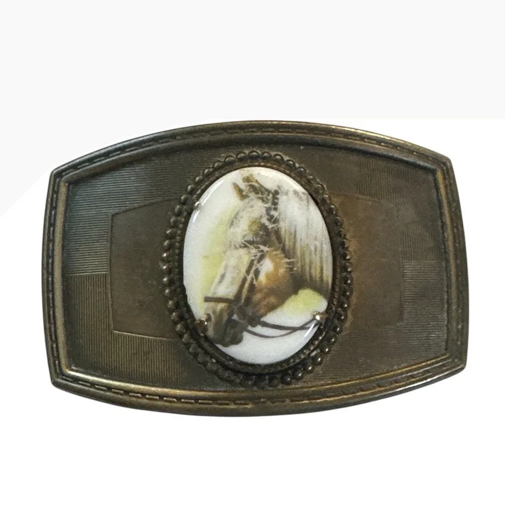 Vintage Western Horse Portrait Belt Buckle Antiqued Brass Tone Ceramic Cabochon